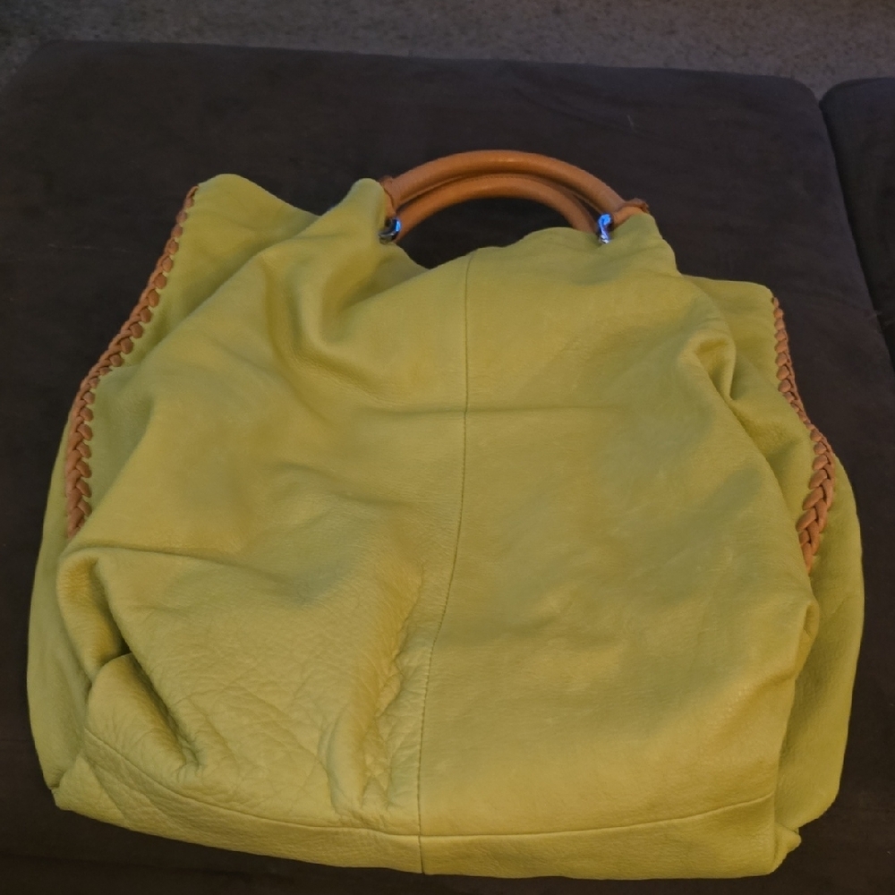 Yellow green and Tan Canvas Tote Bag with Slouchy Design